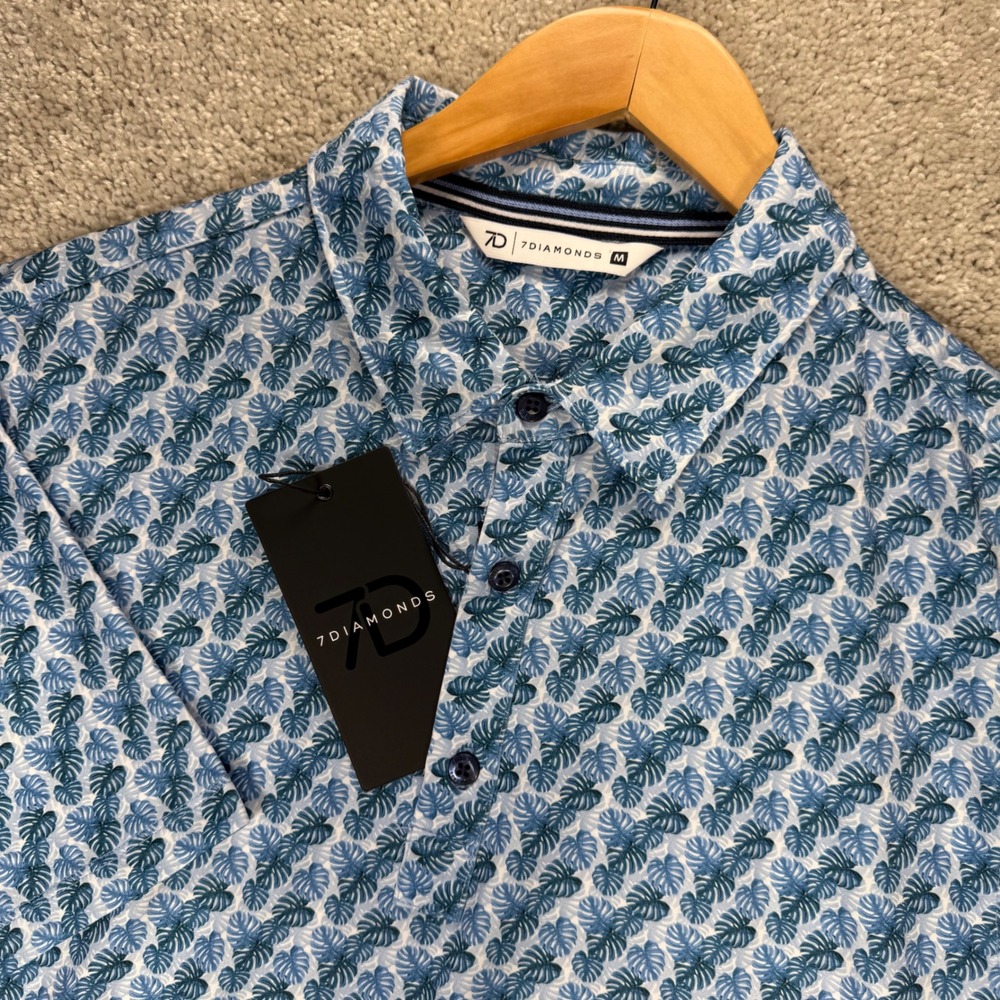 NWT 7 Diamonds Men' M Blue Monstera Leaf Print 4-Way Stretch Golf Polo Shirt